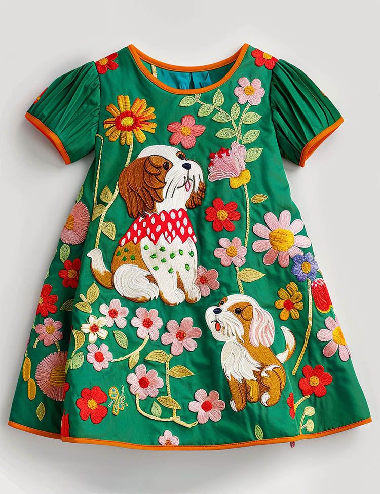 Floral Puppy Applique Dress