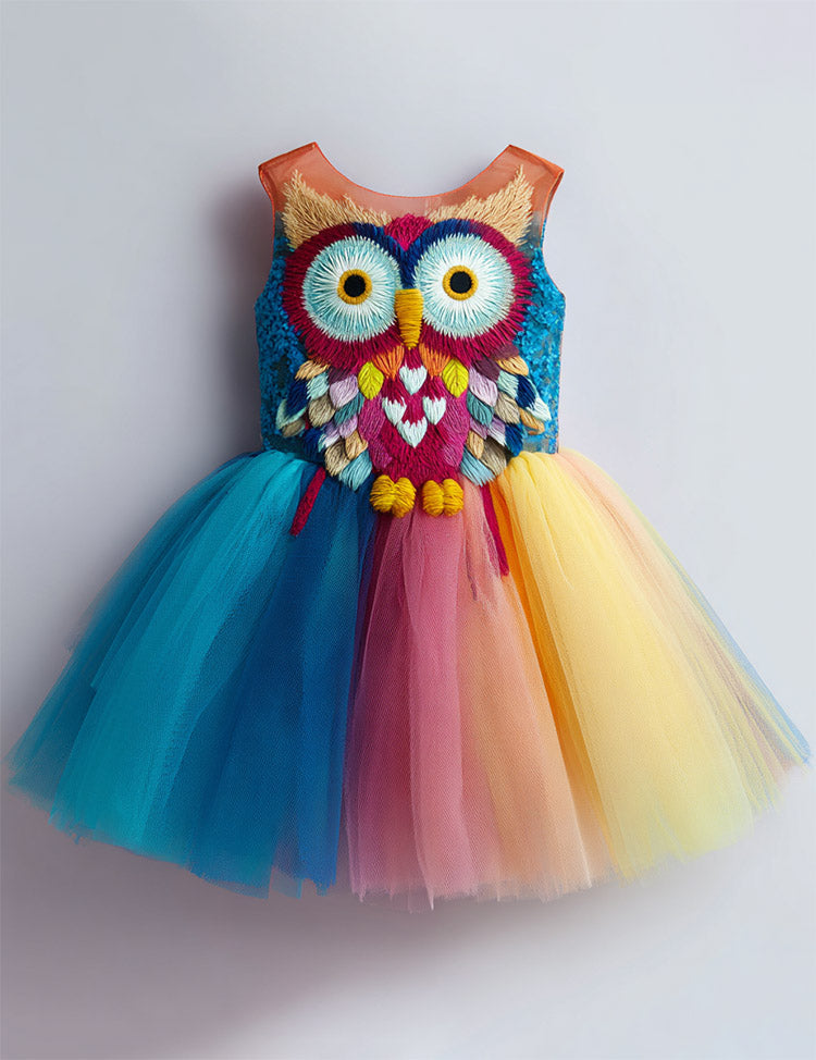 Colorful Owl Embroidered Tulle Party Dress