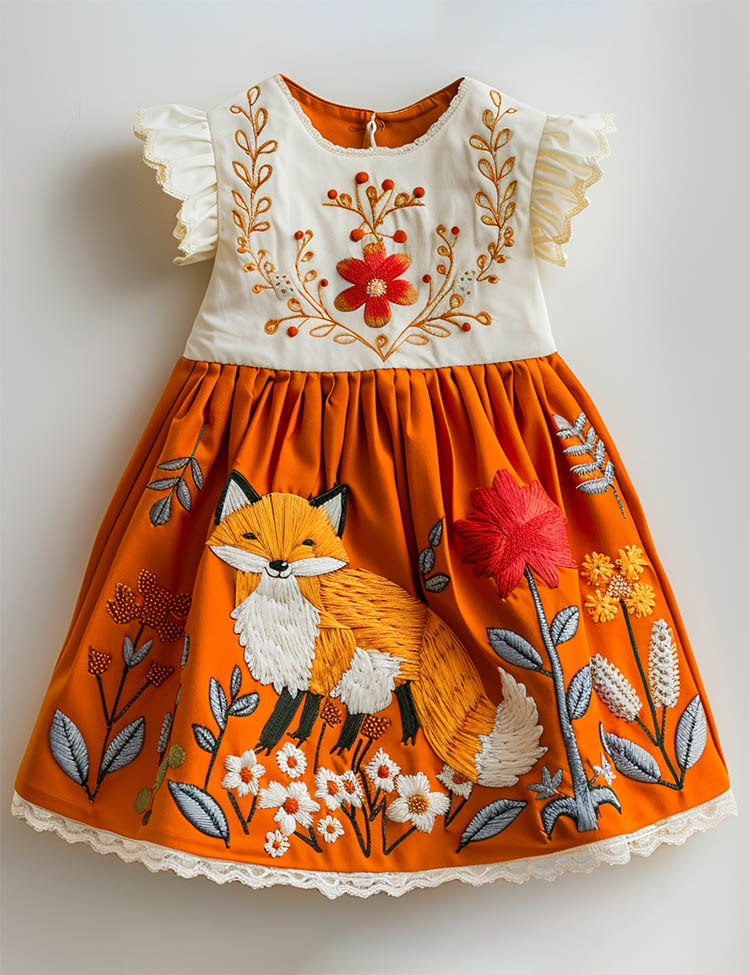 Floral Fox Applique Frill Sleeves Dress