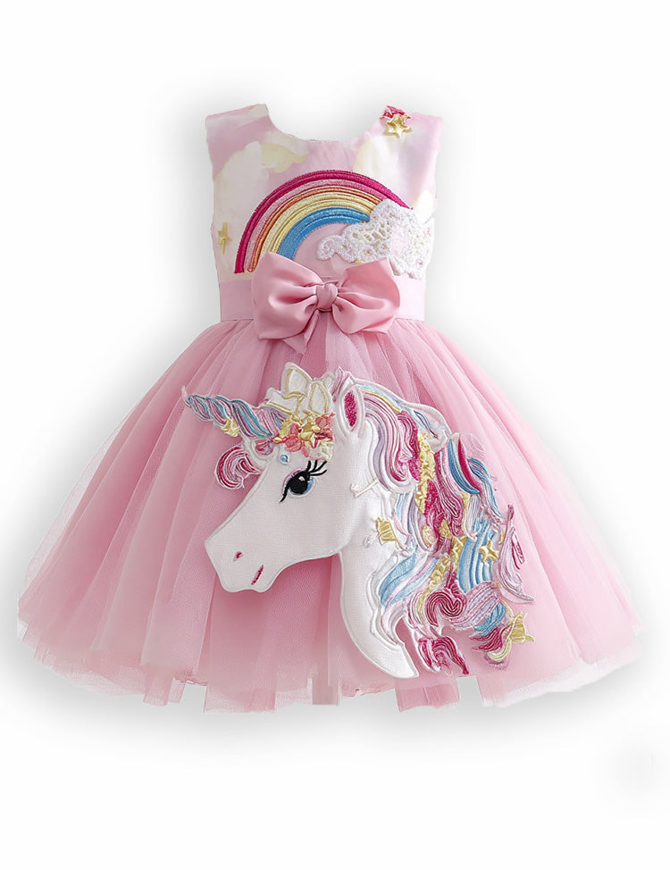 Floral Rainbow Unicorn Applique Tulle Party Dress