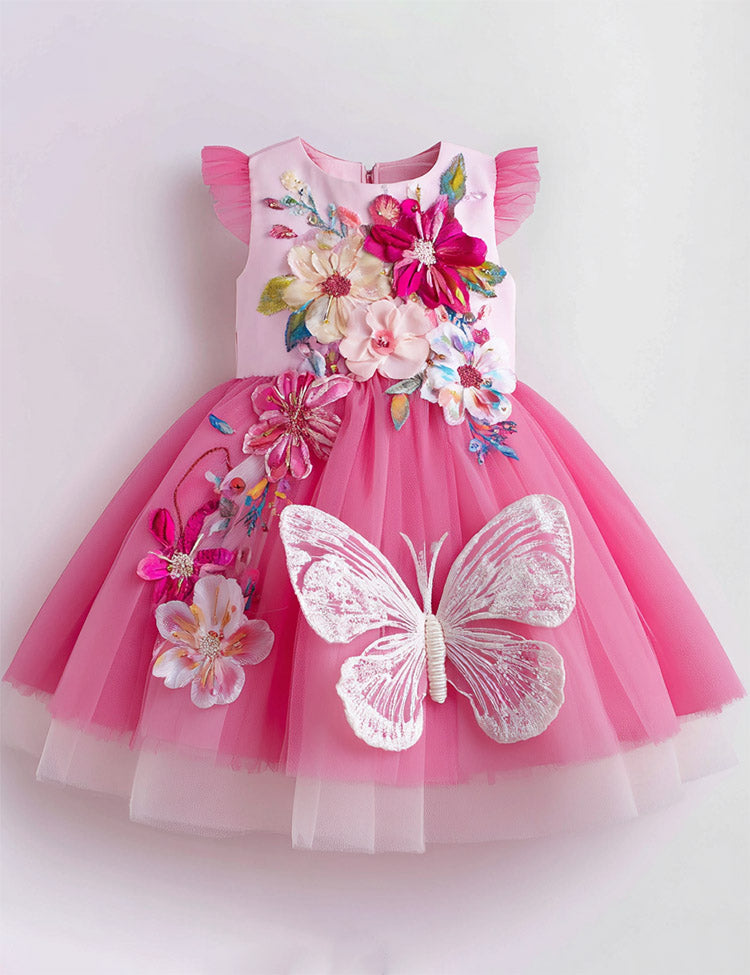 Floral Butterfly Applique Tulle Party Dress