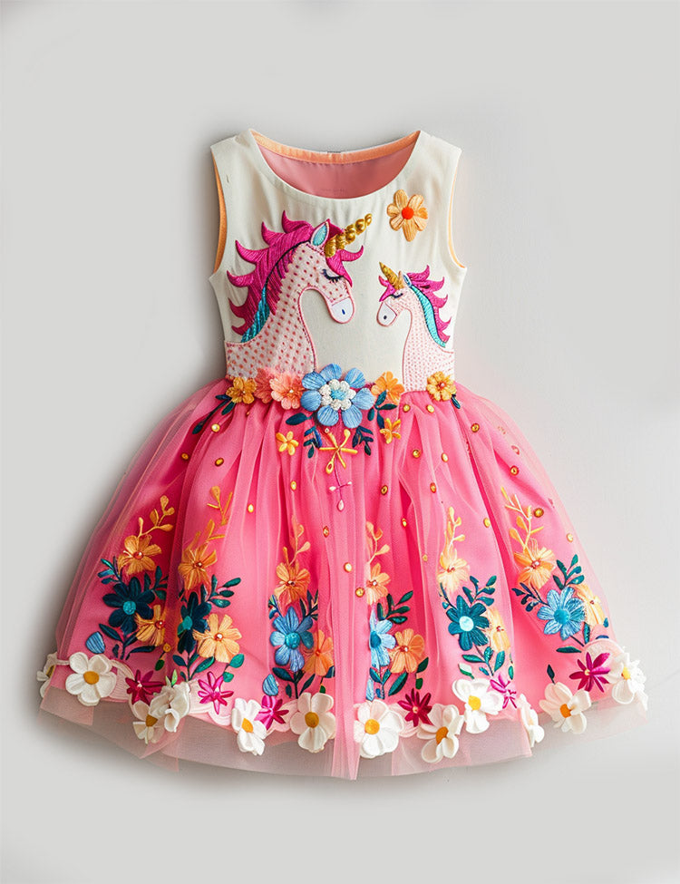 Floral Unicorn Embroidered Tulle Party Dress