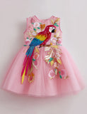 Floral Parrot Embroidered Tulle Party Dress