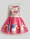 Floral Unicorn Embroidered Tulle Party Dress