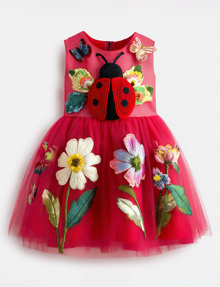 Ladybug Applique Floral Garden Tulle Dress
