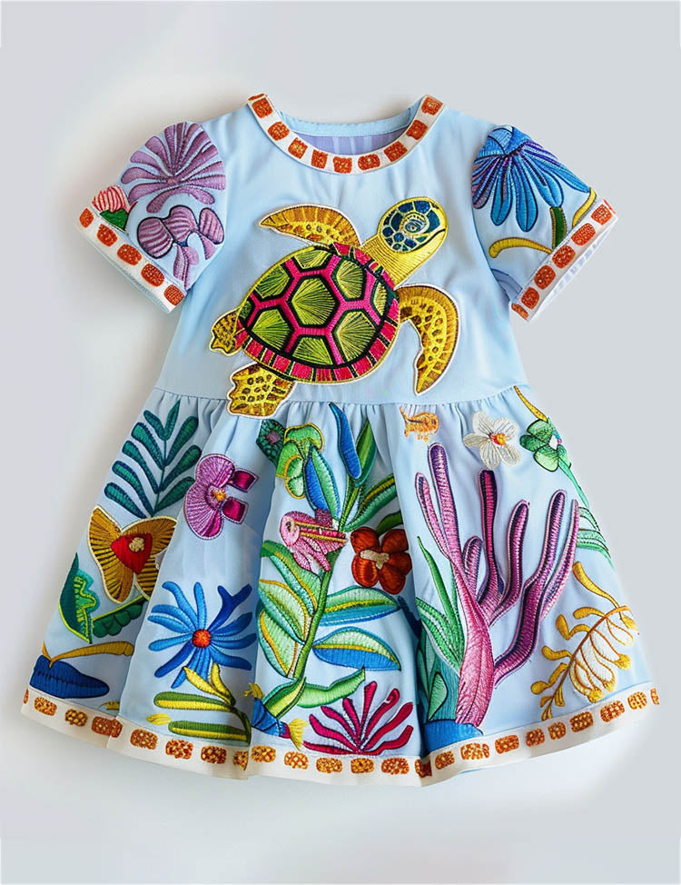 Sky Blue Sea Turtle Vivid Floral Sundress