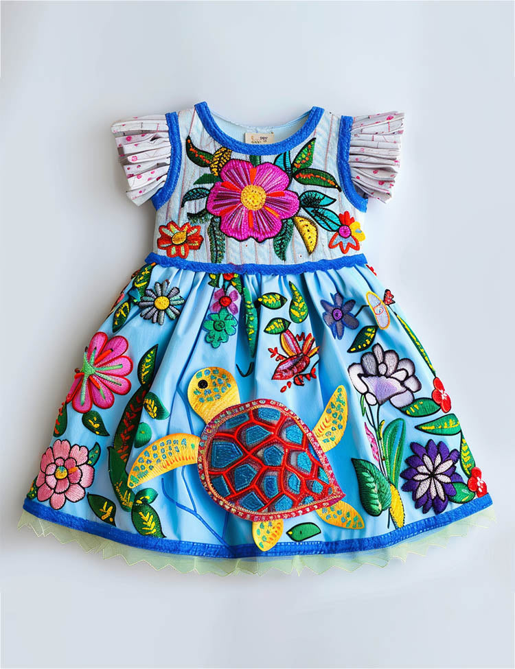Sky Blue Sea Turtle Vivid Floral Sundress