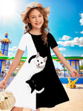 3D Printed Black and White Cat Print Dress