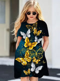 3D Butterfly Print Short Sleeve Pocket Dress