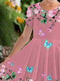 Elegant Rose And Butterfly Print Short-Sleeve Dress
