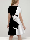 3D Printed Black and White Cat Print Dress
