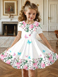 Elegant Rose And Butterfly Print Short-Sleeve Dress