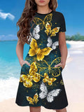 3D Butterfly Print Short Sleeve Pocket Dress