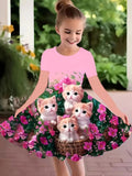 Adorable Cat & Floral Print Dress
