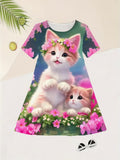 Sød kat og blomster printet kjole