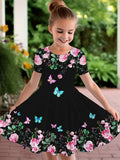 Elegant Rose And Butterfly Print Short-Sleeve Dress