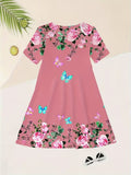 Elegant Rose And Butterfly Print Short-Sleeve Dress