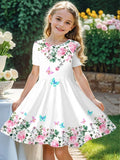 Elegant Rose And Butterfly Print Short-Sleeve Dress