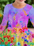 Rainbow Color Floral Printed Party Dress