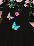 Elegant Rose And Butterfly Print Short-Sleeve Dress