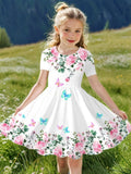 Elegant Rose And Butterfly Print Short-Sleeve Dress