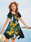3D Butterfly Print Short Sleeve Pocket Dress
