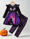 Halloween Haunted House Printed Dress + Leggings Set