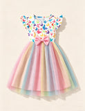 Printed Pattern Fly-sleeved Tulle Dress